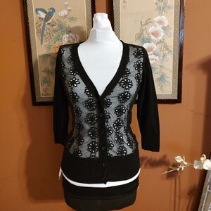 🐈‍⬛🖤🐈‍⬛ Adorable Y2K Midnight Black Floral Mesh Fitted Cardigan - XS